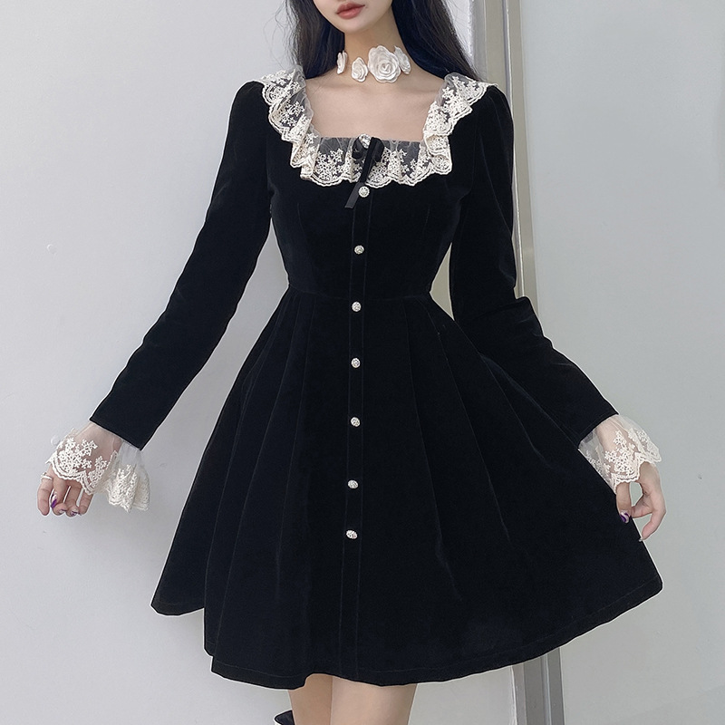Women's Elegant Square Neck High Waist Long Sleeve Velvet A-Line Dress