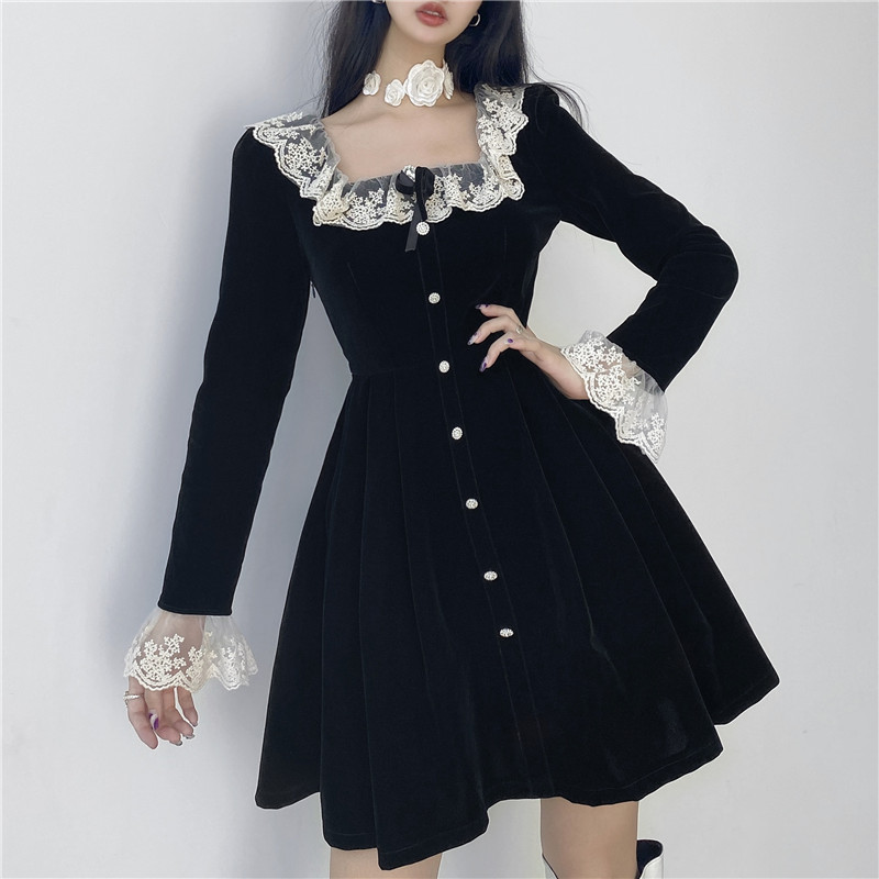 Women's Elegant Square Neck High Waist Long Sleeve Velvet A-Line Dress